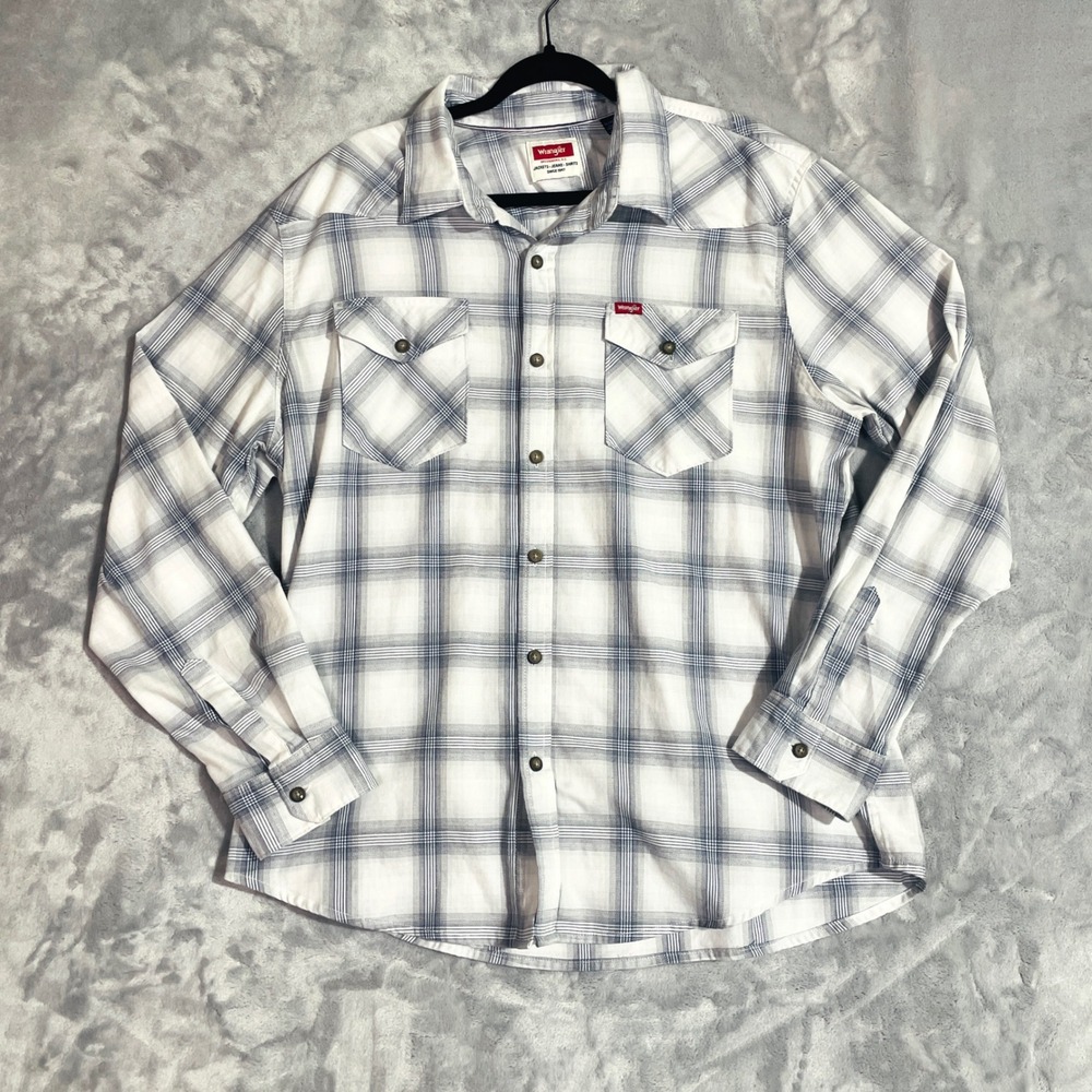 Wrangler Button Down Shirt Mens XL White Blue Plaid Excel Long Sleeve Western